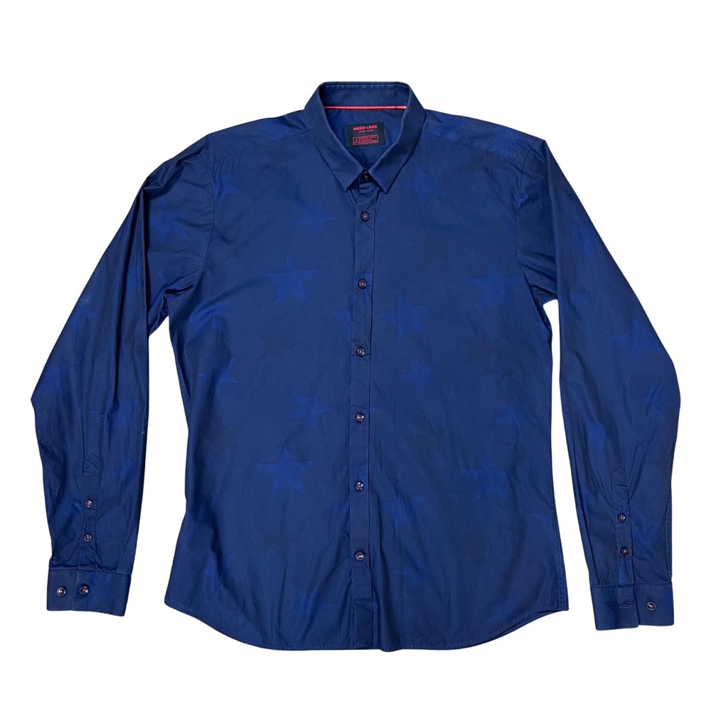 Jared Lang After Hours Mens Navy Blue Tonal Star Slim Fit Cotton Shirt L